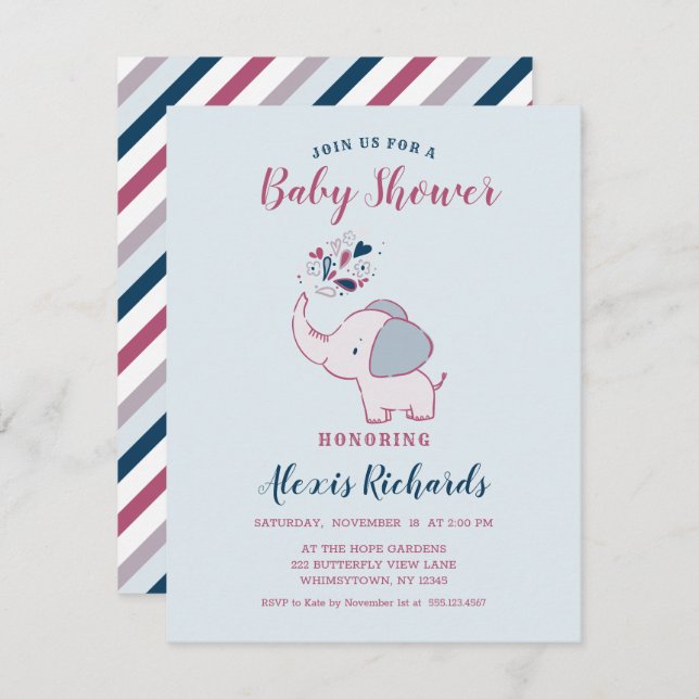 Pink & Navy Cute Elephant Themed Baby Shower Invitation (Front/Back)