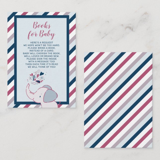 Pink & Navy Elephant Baby Shower Books for Baby Enclosure Card (Front/Back)