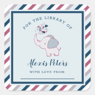 Pink & Navy Elephant Baby Shower Library Bookplate Square Sticker