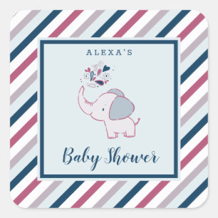 Pink & Navy Elephant & Stripes Baby Shower Favour Square Sticker