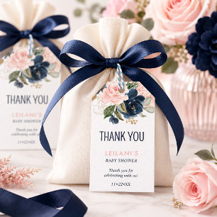 Pink Navy Floral Watercolor Baby Shower Thank You Gift Tags
