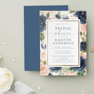 Pink Navy Floral Watercolor Gold Bridal Shower Invitation