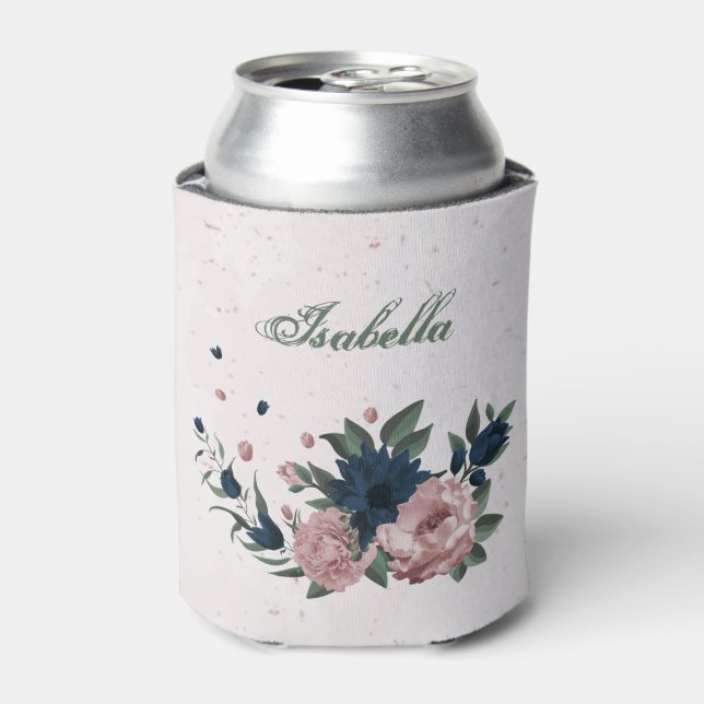 pink & navy flowers botanical can cooler (Can Front)