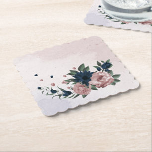 pink & navy flowers botanical paper coaster