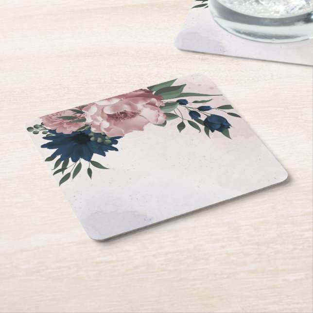 pink & navy flowers botanical square paper coaster (Angled)