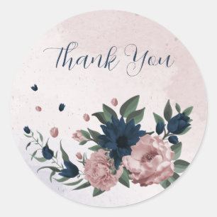 pink & navy flowers botanical thank you classic round sticker