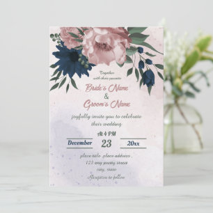 pink & navy flowers botanical wedding invitation