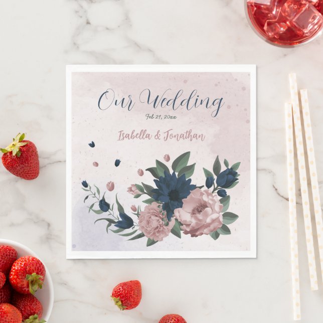pink & navy flowers botanical wedding napkin (Insitu)