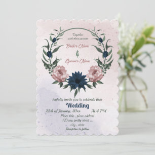 pink & navy flowers botanical wreath wedding invitation