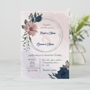 pink & navy flowers botanical wreath wedding  invitation