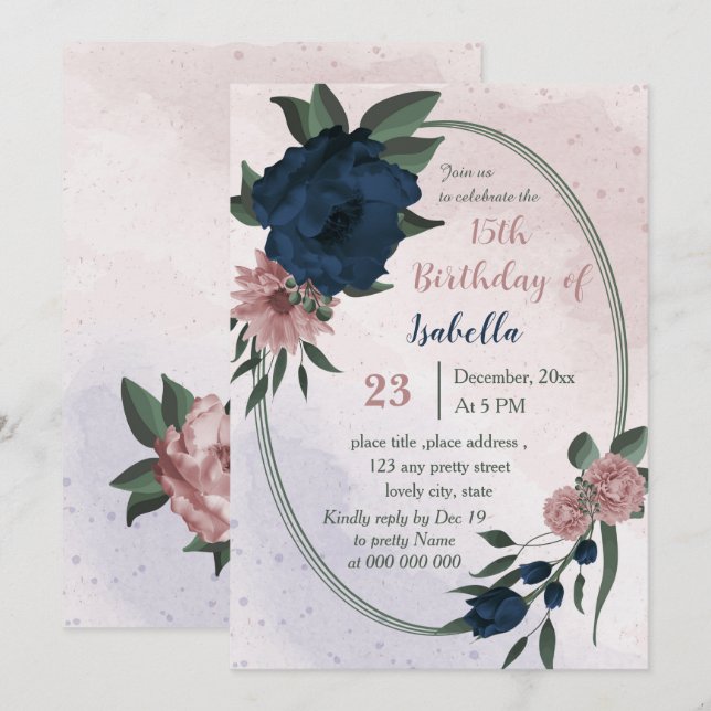 pink & navy flowers geometric birthday  invitation (Front/Back)