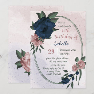 pink & navy flowers geometric birthday invitation
