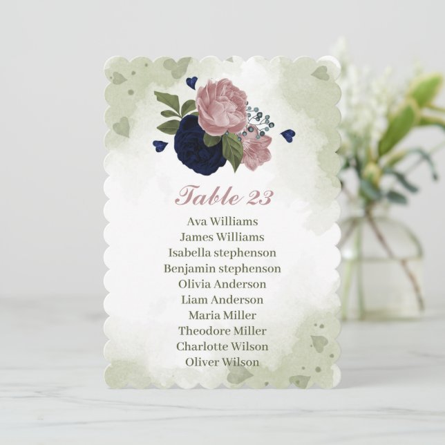 pink & navy flowers greenery seating chart card (Standing Front)