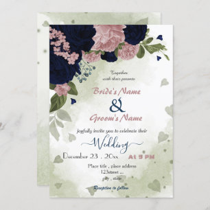 pink navy flowers greenery wedding invitation