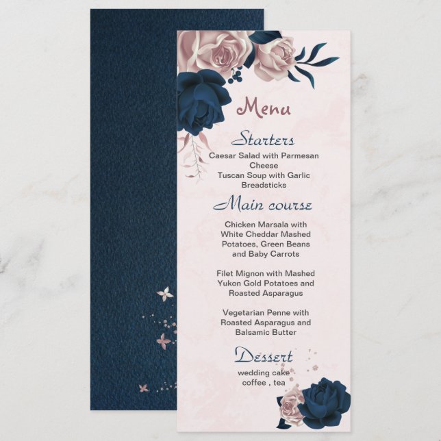 pink & navy flowers & leaves wedding menu (Front/Back)