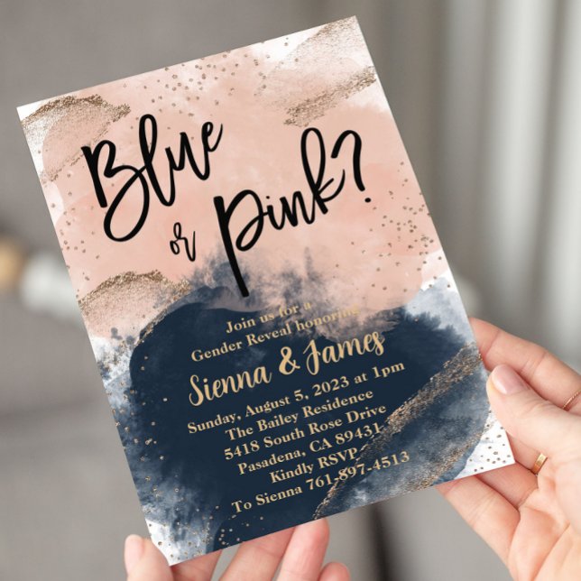 Pink & Navy Gender Reveal, Watercolor, Gold Invitation (Creator Uploaded)