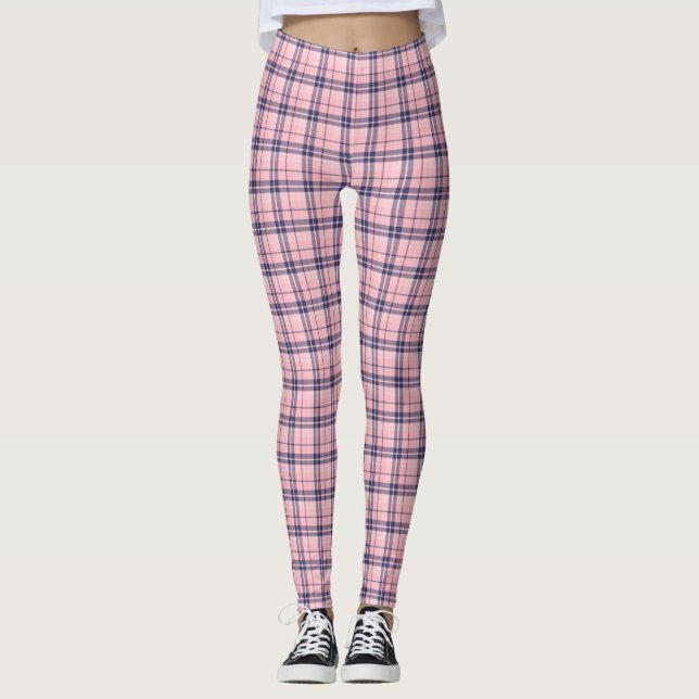 Pink Navy Gingham Plaid Women's Leggings (Front)
