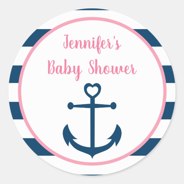 Pink Navy Girl Nautical Anchor Baby Shower Classic Round Sticker (Front)