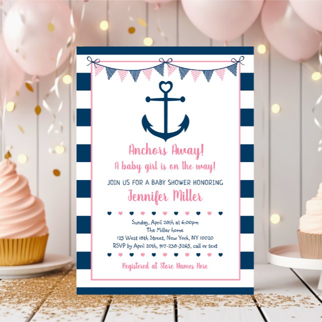 Pink Navy Girl Nautical Anchor Baby Shower Invitation (Creator Uploaded)