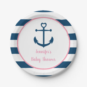 Pink Navy Girl Nautical Anchor Baby Shower Paper Plate