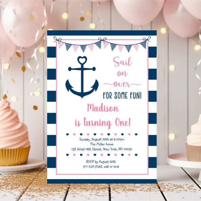 Pink Navy Girl Nautical Anchor First Birthday Invitation (Creator Uploaded)