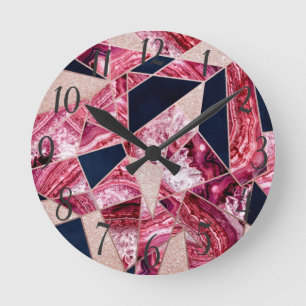 Pink Navy Glitter Agate Foil Geometric Triangles Round Clock