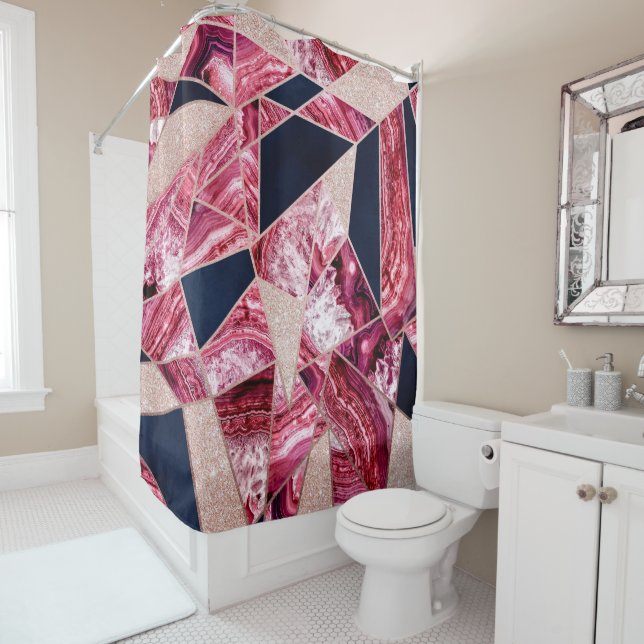 Pink Navy Glitter Agate Foil Geometric Triangles Shower Curtain (In Situ)