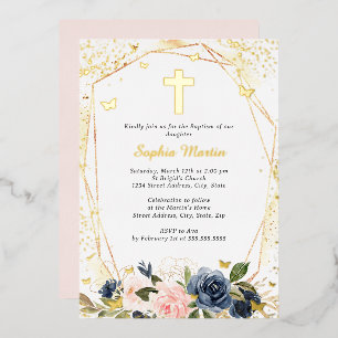 Pink Navy Gold Cross Floral Girl Baptism