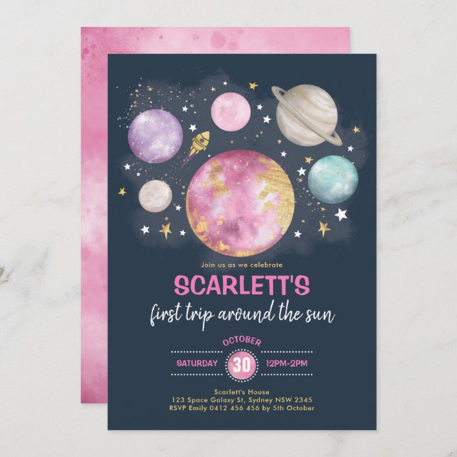 Pink Navy Gold Outer Space Galaxy Girl Birthday Invitation (Front/Back)