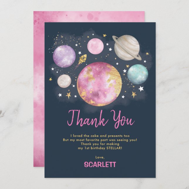 Pink Navy Gold Outer Space Galaxy Girl Birthday Thank You Card (Front/Back)