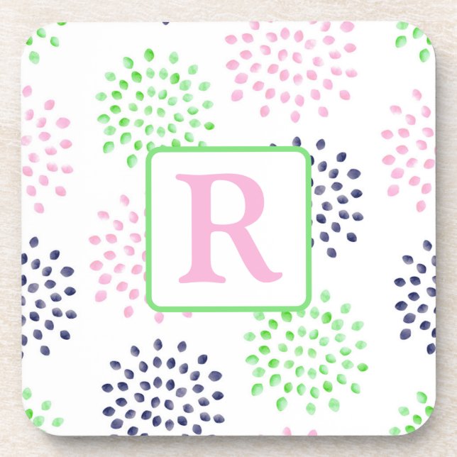 Pink Navy Green Flower Pattern Watercolor Monogram Coaster (Front)
