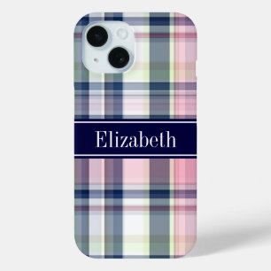 Pink Navy Green White Preppy Madras N Monogram iPhone 15 Case