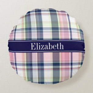 Pink Navy Green White Preppy Madras N Monogram Round Cushion