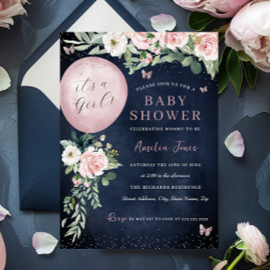 Pink Navy It's a Girl Balloon Baby Shower Invitation