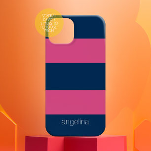 Pink Navy Modern Striped Pattern with custom name iPhone 15 Pro Max Case
