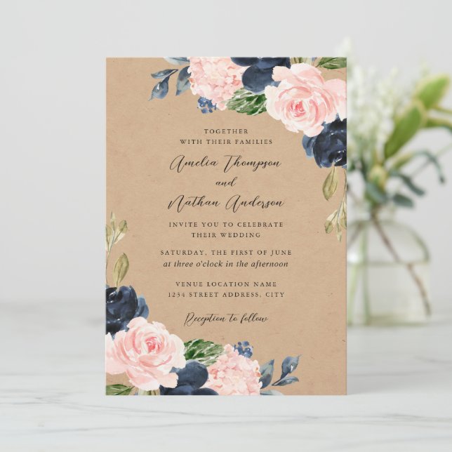 Pink Navy Rustic Botanical Florals Wedding Invitation (Standing Front)