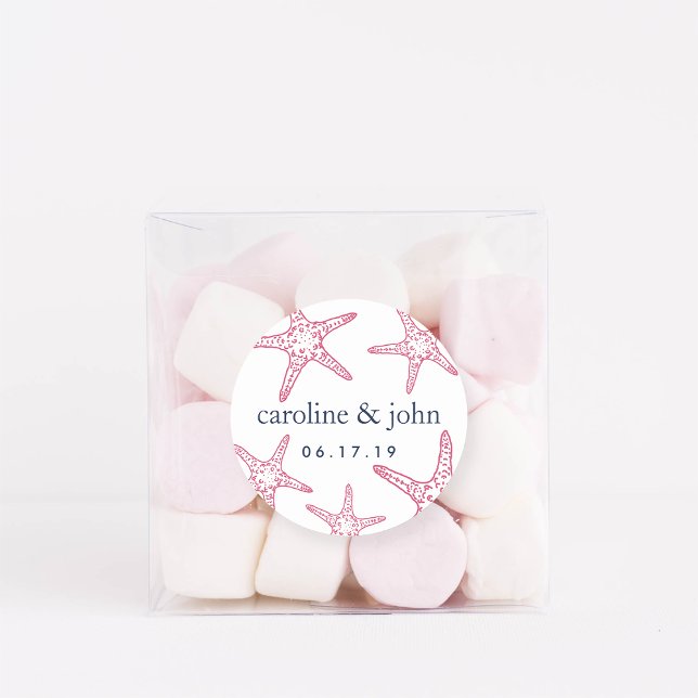 Pink & Navy Starfish Personalised Wedding Classic Round Sticker (Creator Uploaded)