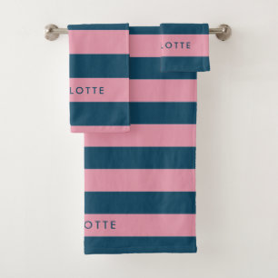 Pink Navy Stripe   Modern Trendy Preppy Name Bath Towel Set