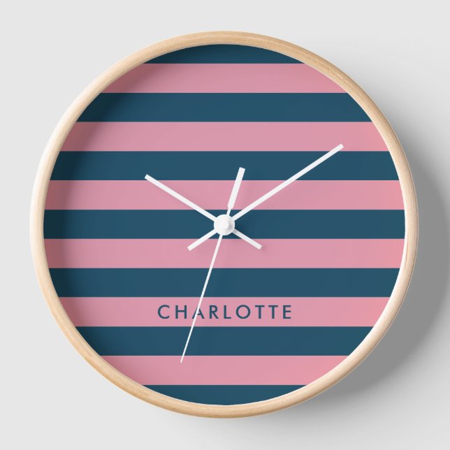 Pink Navy Stripe | Modern Trendy Preppy Name Clock (Front)