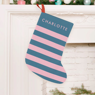 Pink Navy Stripe   Modern Trendy Preppy Name Small Christmas Stocking