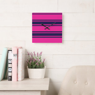Pink Navy Stripes Square Wall Clock