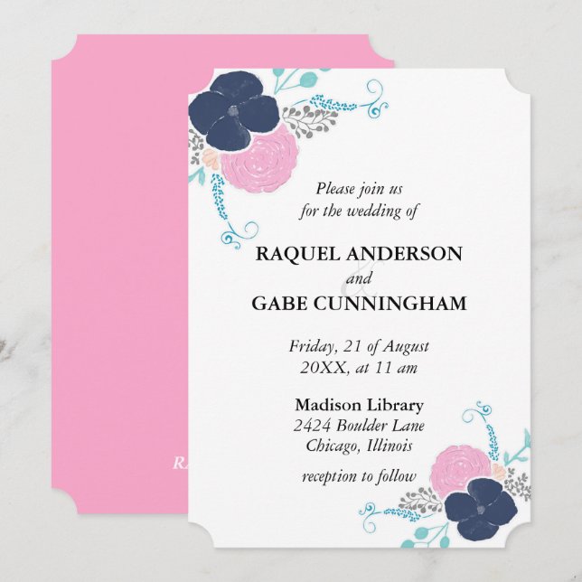 Pink Navy & Teal Floral Dual Side - Invitation (Front/Back)