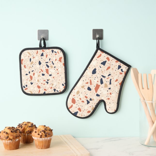 Pink Navy Terrazzo Effect Oven Mitt & Pot Holder Set (Insitu(Hanging))