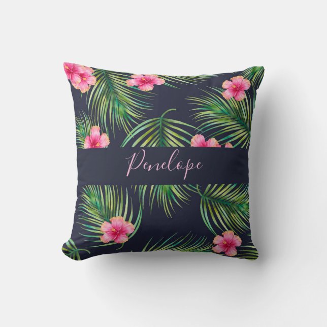 Pink Navy Tropical Fern Monogram Throw Pillow (Front)
