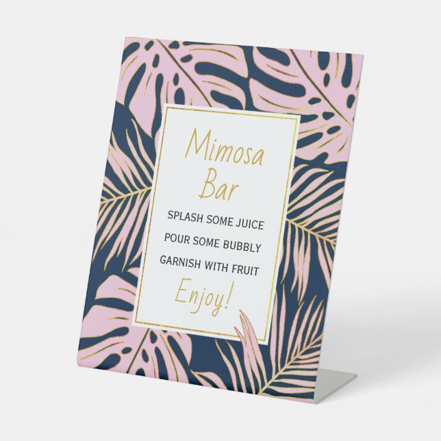 Pink, navy tropical leaves wedding bridal shower pedestal sign (Front)