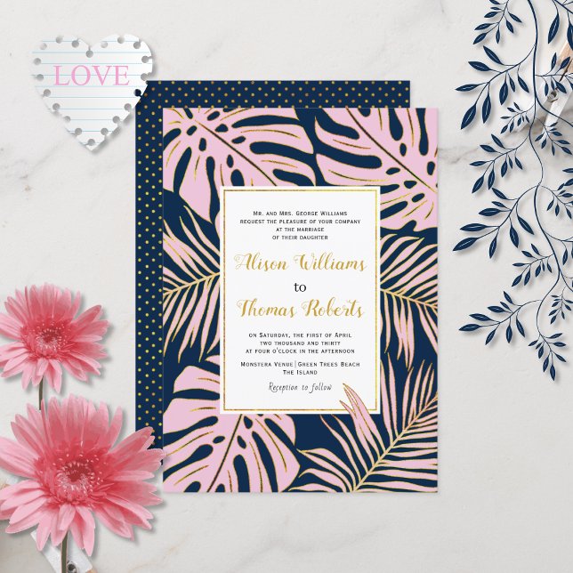 Pink navy tropical monstera palm leaves wedding invitation (Creator Uploaded)