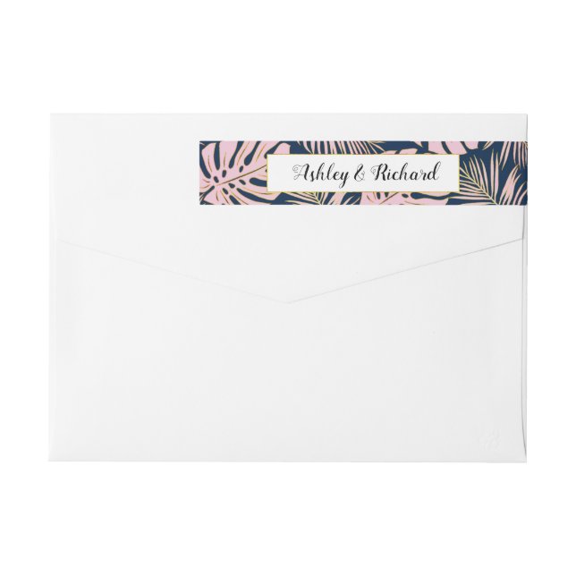 Pink navy tropical monstera, palm leaves wedding wrap around label (Back)