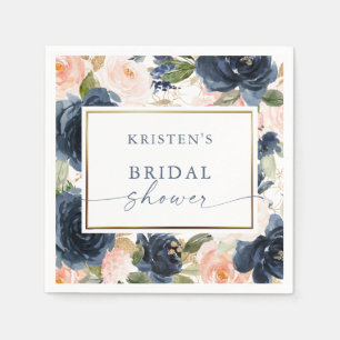 Pink Navy Watercolor Floral Border Bridal Shower Napkin