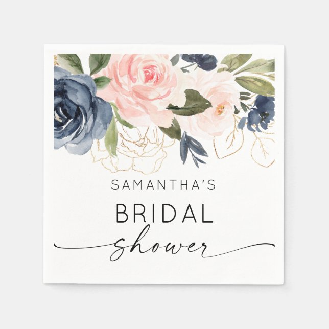 Pink Navy Watercolor Floral Bridal Shower Napkin (Front)