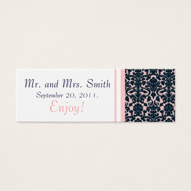 Pink Navy White Damask Wedding Favour Tag Card (Front)